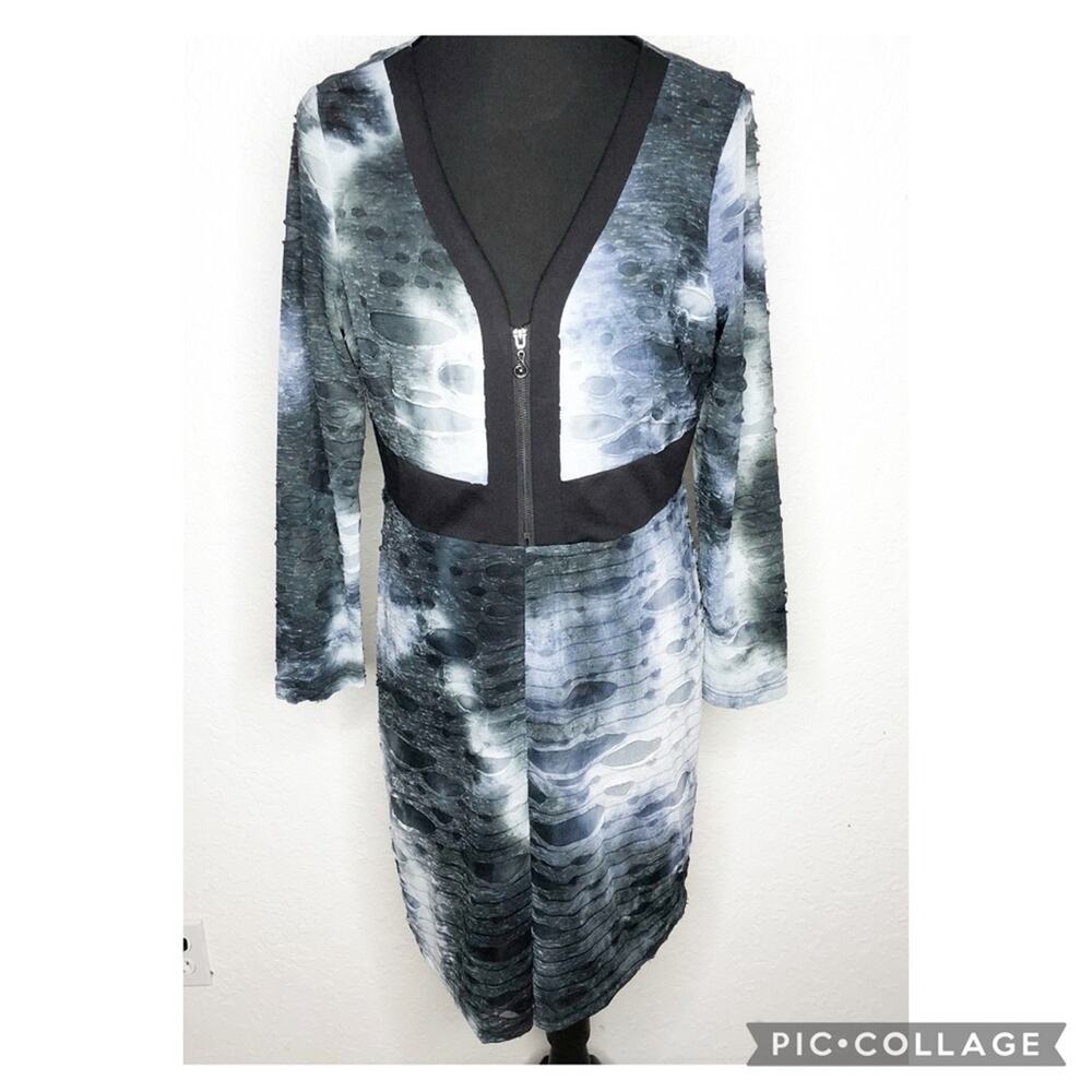 Samuel Dong gray white black distressed v neck zip dress
